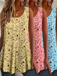 Women's Plus Size Sleeveless Fitted Printed Top Set, Casual Boho Sleeveless Tank, Casual Comfort Sleepwear, Four Seasons Wearable, Breathable Home Clothing for Outdoors