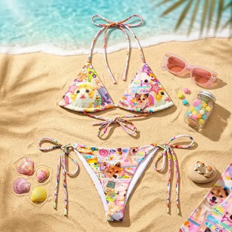 Y2K Kawaii Cat Bikini Set, Cute Graphic Two-Piece Swimsuit, Harajuku Inspired Swimwear, Cyber Rave Style Summer Bikini