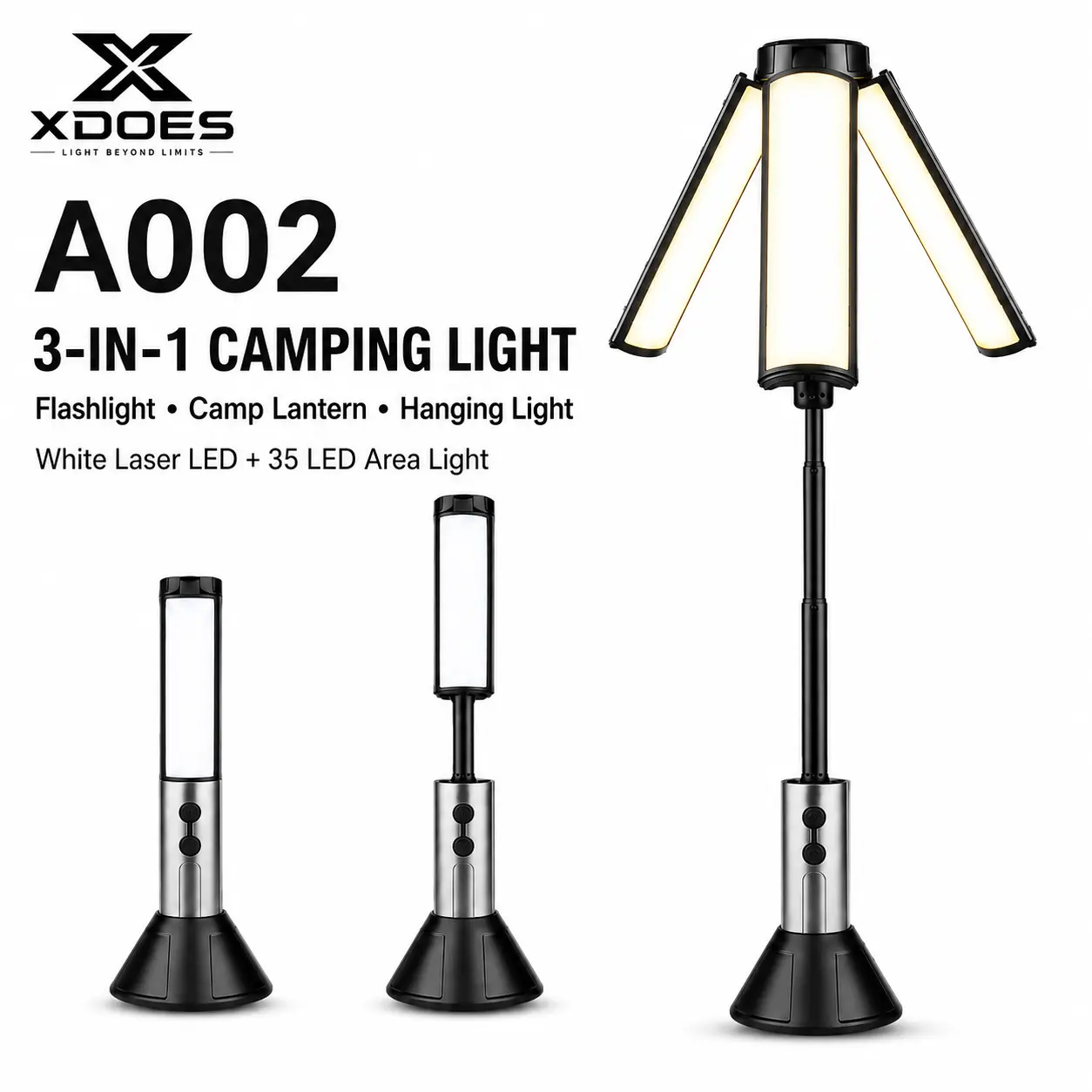 XDOES A002 3-in-1 Rechargeable Camping Lantern & Flashlight, 4-Section Telescoping Work Light, 54-LED Warm Area Light, Type-C Charging, Metal Hanging Ring