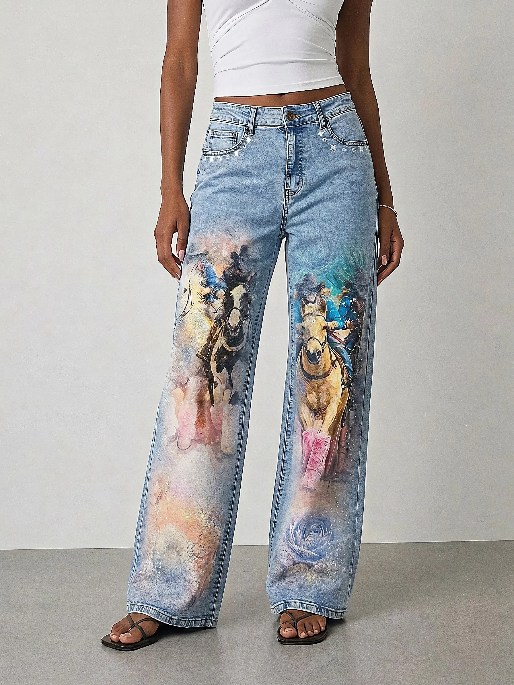 Western Cowboy Graphic Jeans Y2K Wide Leg High Waisted Denim Pants Vintage Rodeo Horse Print Baggy Streetwear Women Statement Pants