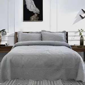 212 MAIN Hypoallergenic Oversized Microfiber Quilt Set - Embroidered Detail, Scalloped Edge, Neutral Tones, Soft Decorative Bedding - Textiles & Soft Furnishings Bedding, Decorative Bedding Set, Microfiber Bedding Set
