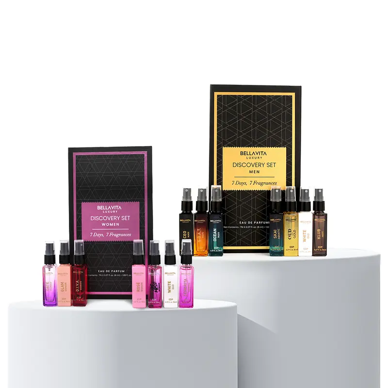 BellaVita Luxury Discovery Gift Set Combo for Men and Women 14x8 ml Micro Perfumes Includes 7 Womens Scents Senorita Rose Date Glam Diva Hot Mess White Oud and 7 Mens Scents CEO Man GOAT Man Klub Man Skai Ocean Man White Oud Gold Oud