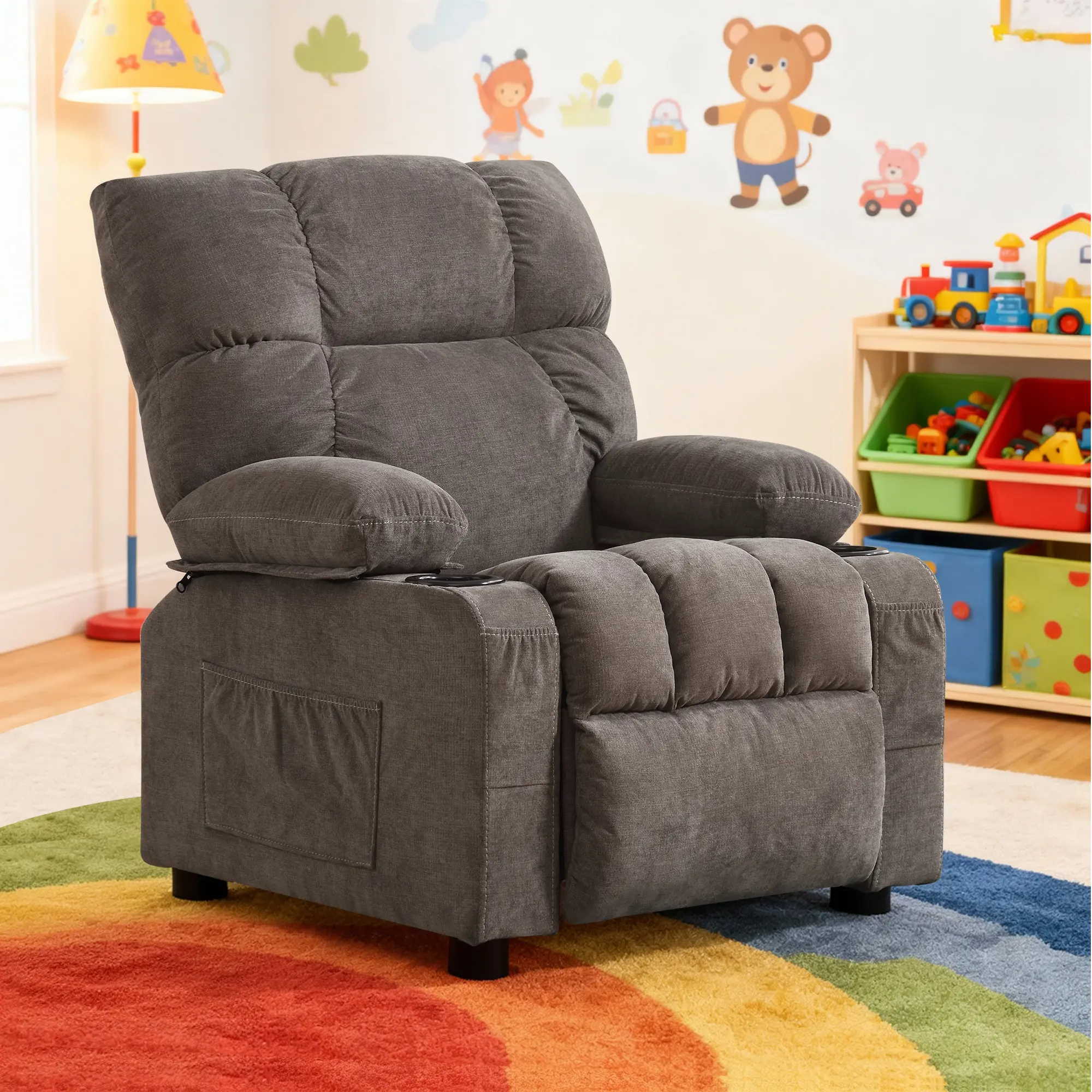 JONPONY Kids Recliner Chair,Push Back Toddler Recliner with Cup Holders & Side Pockets,Adjustable Footrest & Headrest Kids Sofa for Boys Girls 3+ Age Group, Grey