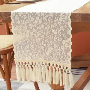 Beige Lace Table Runner Flower Boho Table Runner Farmhouse  Rustic Cloth Table Runners for Xmas Fall  Dinning Table Decorations (14x95 inch,Tassel Included)