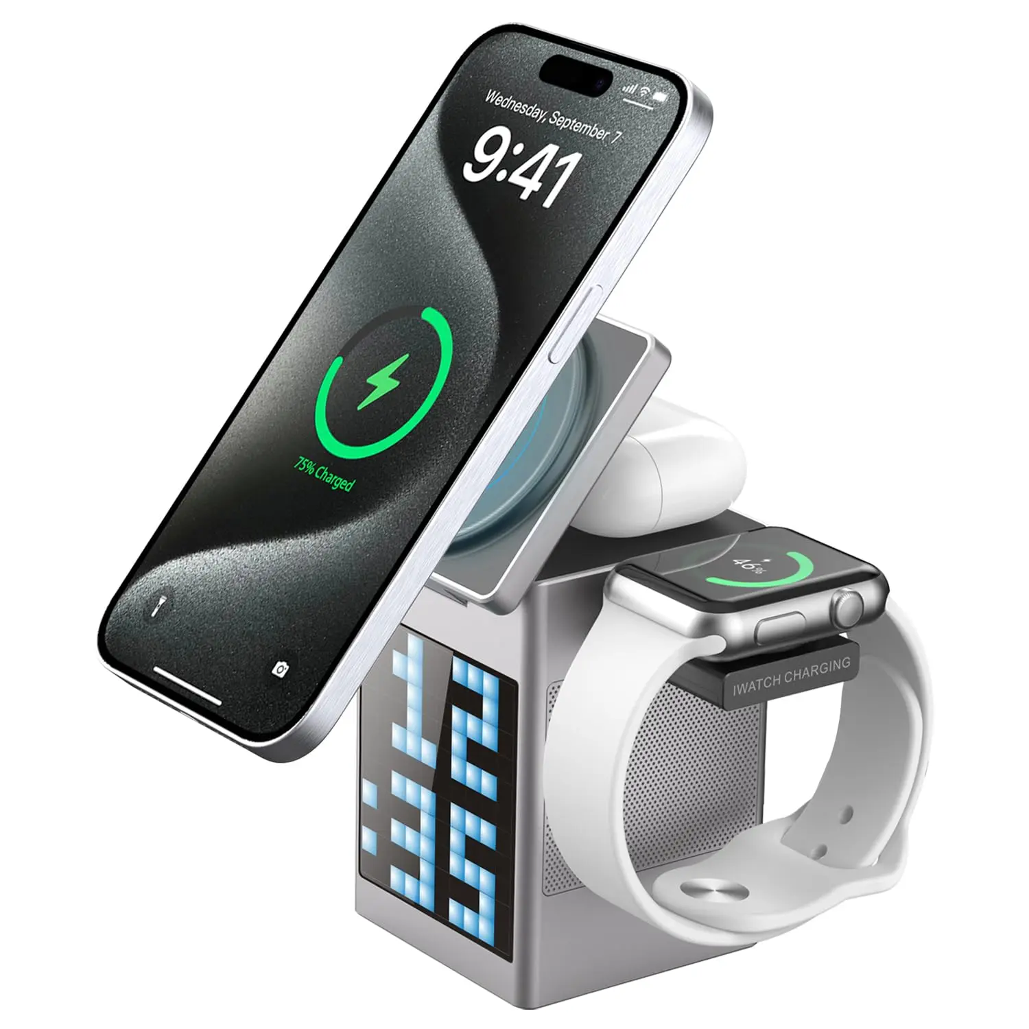 RGB Pixel Clock Alarm Speaker, 6-in-1 Magnetic Wireless Charger with 110 RGB LED, 15W Fast Charging for Phone, Earbuds & Watch, Custom Pixel Display, HiFi Sound, Portable Desk Decor for Bedroom, Dorm & Office, Ideal Gift for#SummerWins#BackToSchoolDeal