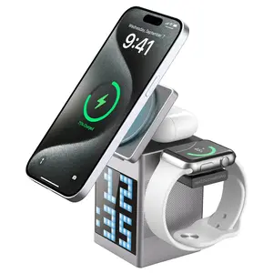 RGB Pixel Clock Alarm Speaker, 6-in-1 Magnetic Wireless Charger with 110 RGB LED, 15W Fast Charging for Phone, Earbuds & Watch, Custom Pixel Display, HiFi Sound, Portable Desk Decor for Bedroom, Dorm & Office, Ideal Gift for#SummerWins#Fathersdaygift