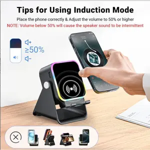 Wireless Charging Station 5 in 1, Bluetooth Speaker Phone Holder, Magnetic Dock Stand for iPhone iPad, Induction Audio Speaker Stand, Portable Desk Charger Gadget Gift for Men Women