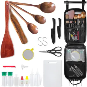 Camping Cooking Cookware Set - Upgraded Camp Kitchen Organizer with Wooden Utensils, Portable Gear for Outdoor Dining Essentials