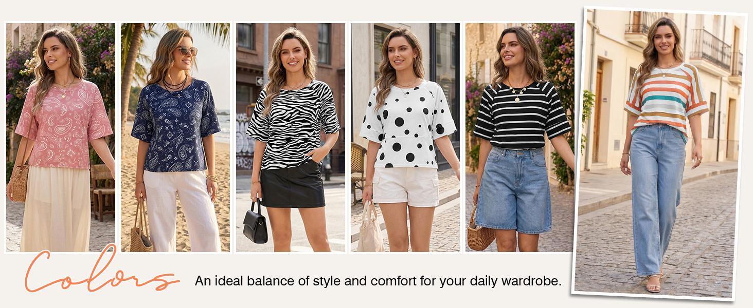 Imily Bela Women's Summer Casual Crewneck Batwing Half Sleeve T-Shirts Solid Color Loose Fit Cute Basic Flowy Tops Tees Blouses