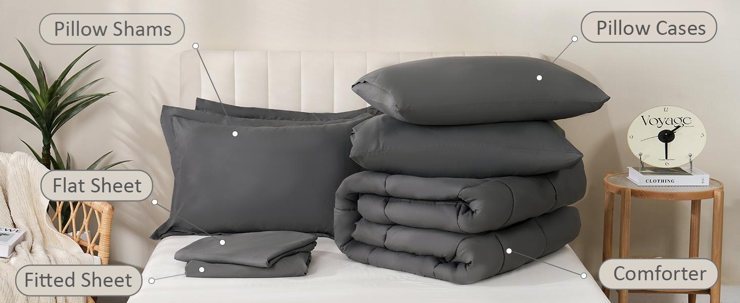 【Valentines' Day】DOWNCOOL 7Pcs Comforter Sets, All Season Bed in a bag ,  Multi-color Down Alternative Bedding Comforter Sets with Comforter, Flat Sheet, Fitted Sheet, 2 Pillow Shams & 2 Pillowcases, Summer Turn Up Pink Bedroom Accessories