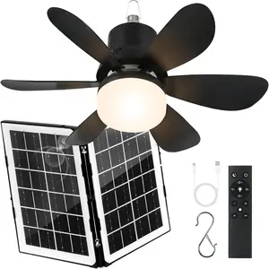 18.5in Portable Solar Ceiling Fan with Lights, Foldable Solar Panel Outdoor Fan, Remote Control Stepless Dimmable, Timer, 3 Speeds 30dB, Tool-Free Setup for Camping Greenhouse Chicken Coop, Black