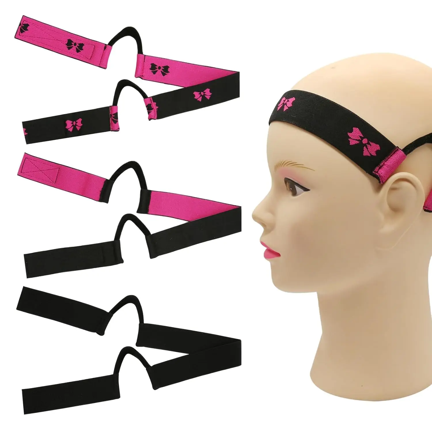 2 Pcs Adjustable Velvet Non-Slip Headbands with Ear Loops, Hook & Loop Fastener Holders for Lace Wigs, Black & Hot Pink Options