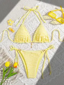 Summer Vacation Beach Solid Color Bikini Set, Women Bohemian Ruffle Halter Backless Swimsuit, High Stretch Swimwear