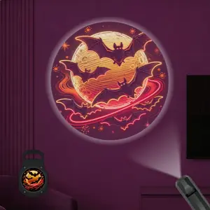 2D Flat, 1 pc, Neon Full Moon & Bat Pattern, Portable LED Pattern Projector Light, USB Interface, 360° Rotation, Suitable for Halloween & Spooky Events, Ideal for Game Room & Bedroom, A Perfect Gift for Halloween Fans & Gothic Enthusiasts