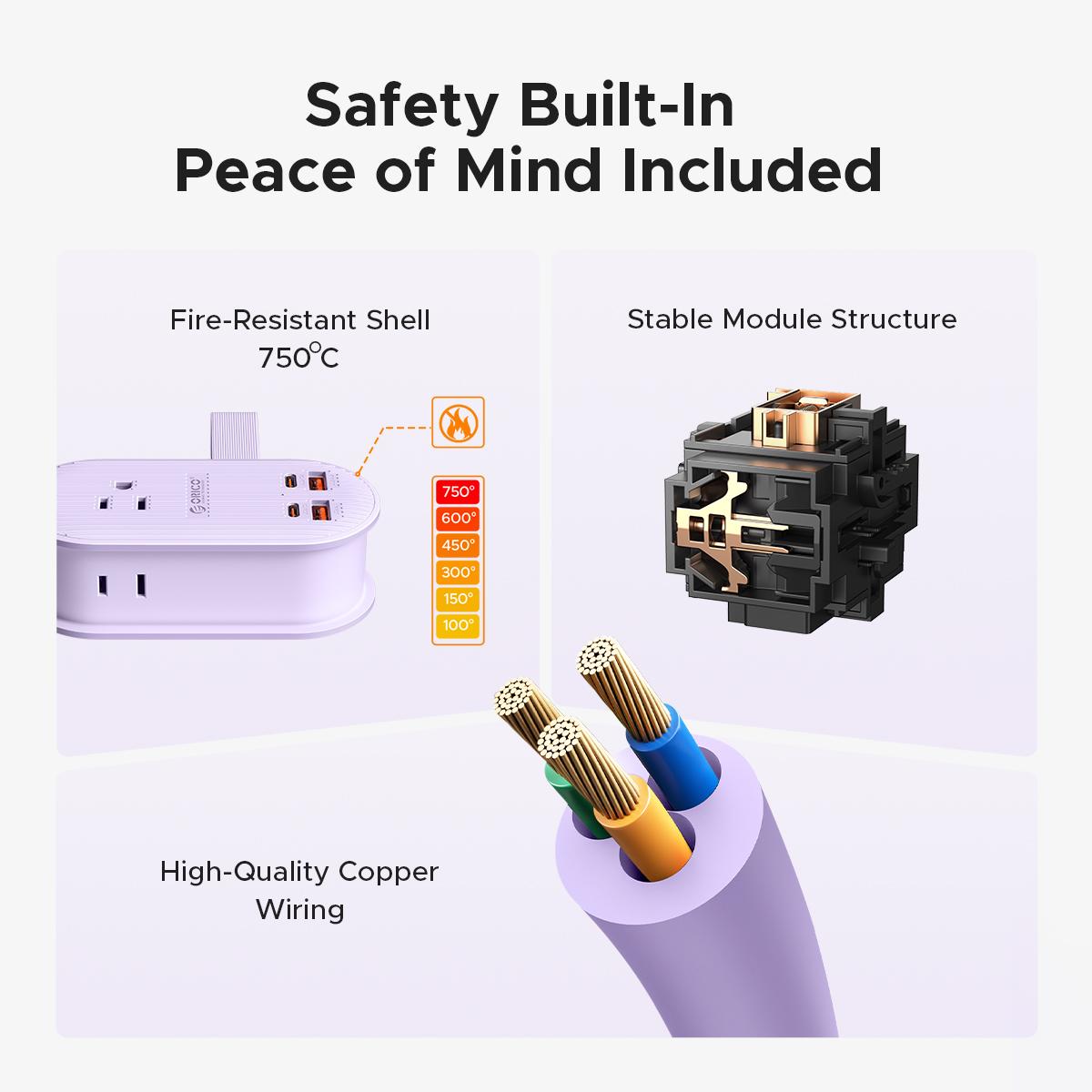 ORICO Upgraded 7-in-1 Travel Power Strip,2 Outlets & 4 USB Ports (2TYPE-C+2USB-A), 65W Fast Charging, Flat Plug，Compact for Cruise, Hotel, Dorm, and Travel Essentials- TK