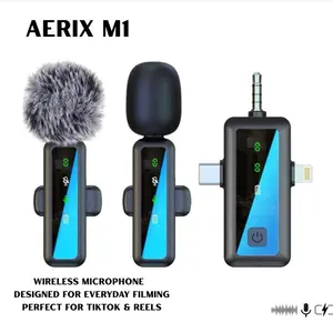 AERIX M1 Dual Wireless 3-in-1 Mini Microphone for iPhone Android & Camera Devices Crystal Clear Sound Omnidirectional Noise Reduction Clip-on Mic for Outdoor Video Recording Live Streaming