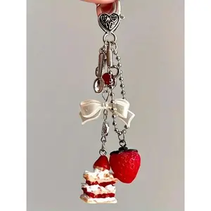 Cute Strawberry Cake Dessert Keychain Handmade Strawberry Cake Y2K Resin Cake Strawberry Charm Beaded Keyring for Women Creative Bow Heart Mobile Phone Lanyard Key Ring Bag Decoration Pendant Jewelry Accessories Gift Key Bag Ornament Keychain Kawaii