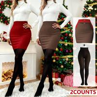 Coffee+Red Bodycon Skirt+ 2 Black Pantyhose