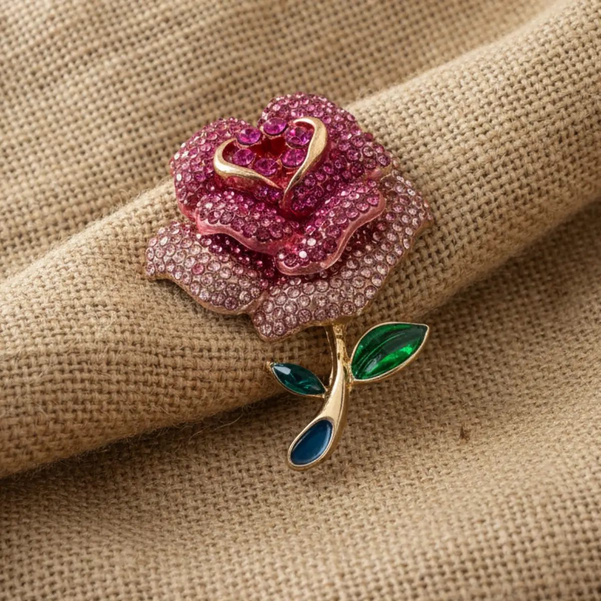 Bright Pink Rose Crystal Brooch Pin - Fuchsia Rhinestone Flower