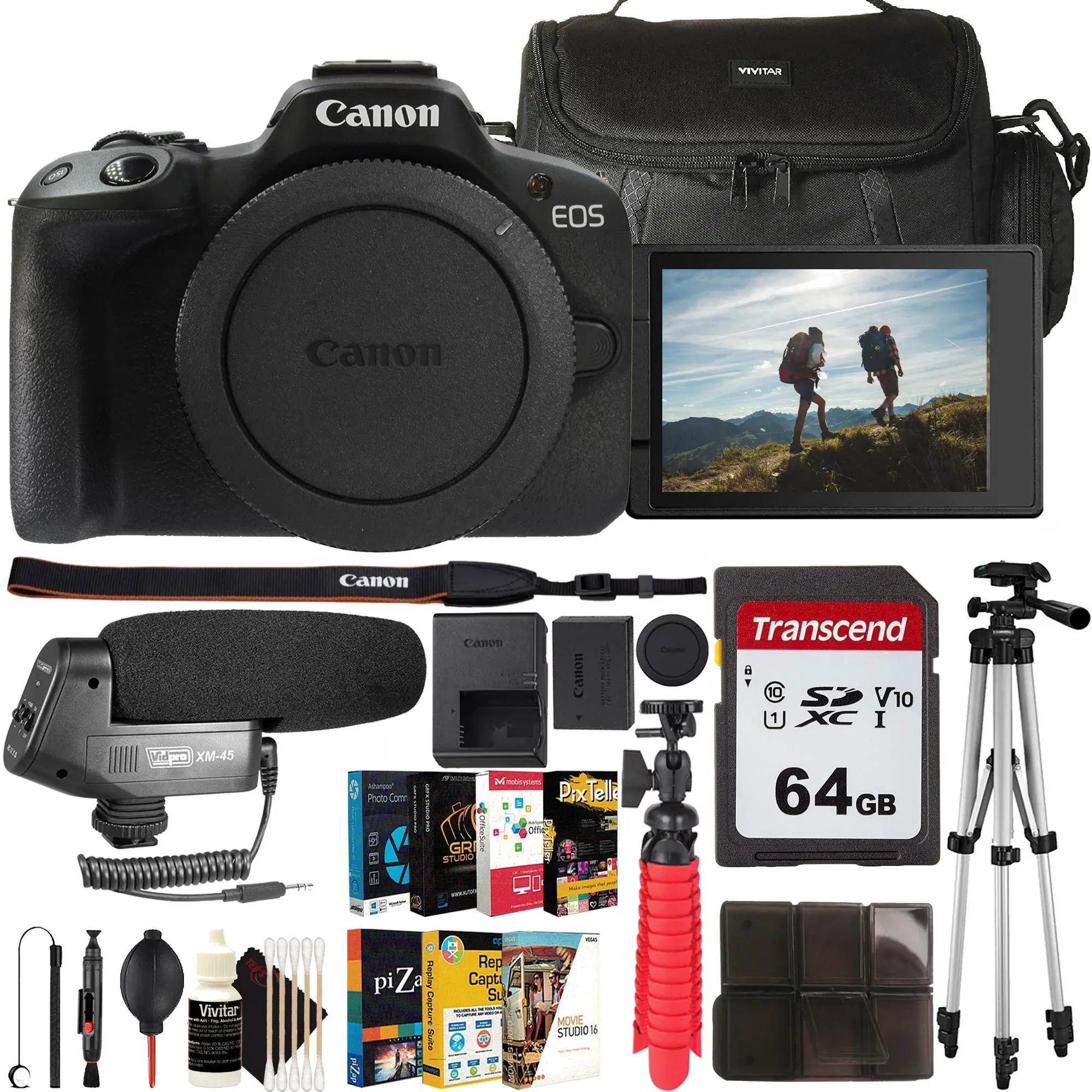 Canon EOS R50 Mirrorless Camera Body + Cardiod Condenser Shotgun Microphone + Tripod + Transcend 64GB SDXC Card + Photo Video Editing Suite + Camera Bag + Rubberized Spider Tripod + Cleaning Kit + Card Holder + Lens Cap Holder + Cleaning Pen + Dust Blower