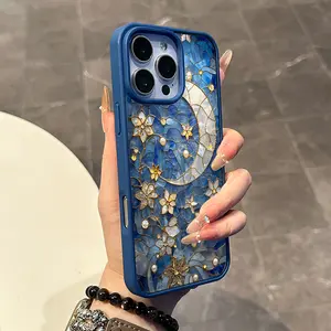 Magnetic Stylish Case for iPhone 17 16 E Pro Max 15 Plus 14 13 12 11 XS XR, Aesthetic Mosaic Moon and Flowers Vibes | Lightweight, Shockproof, Silicone, Scratch Resistant, and Cute