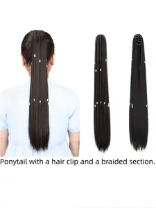 Synthetic long straight ponytail clip-in hair extension, artificial wig extension, heat-resistant hairpiece for women, 22 inches Hair clip ponytail with silver rings and braided pigtails