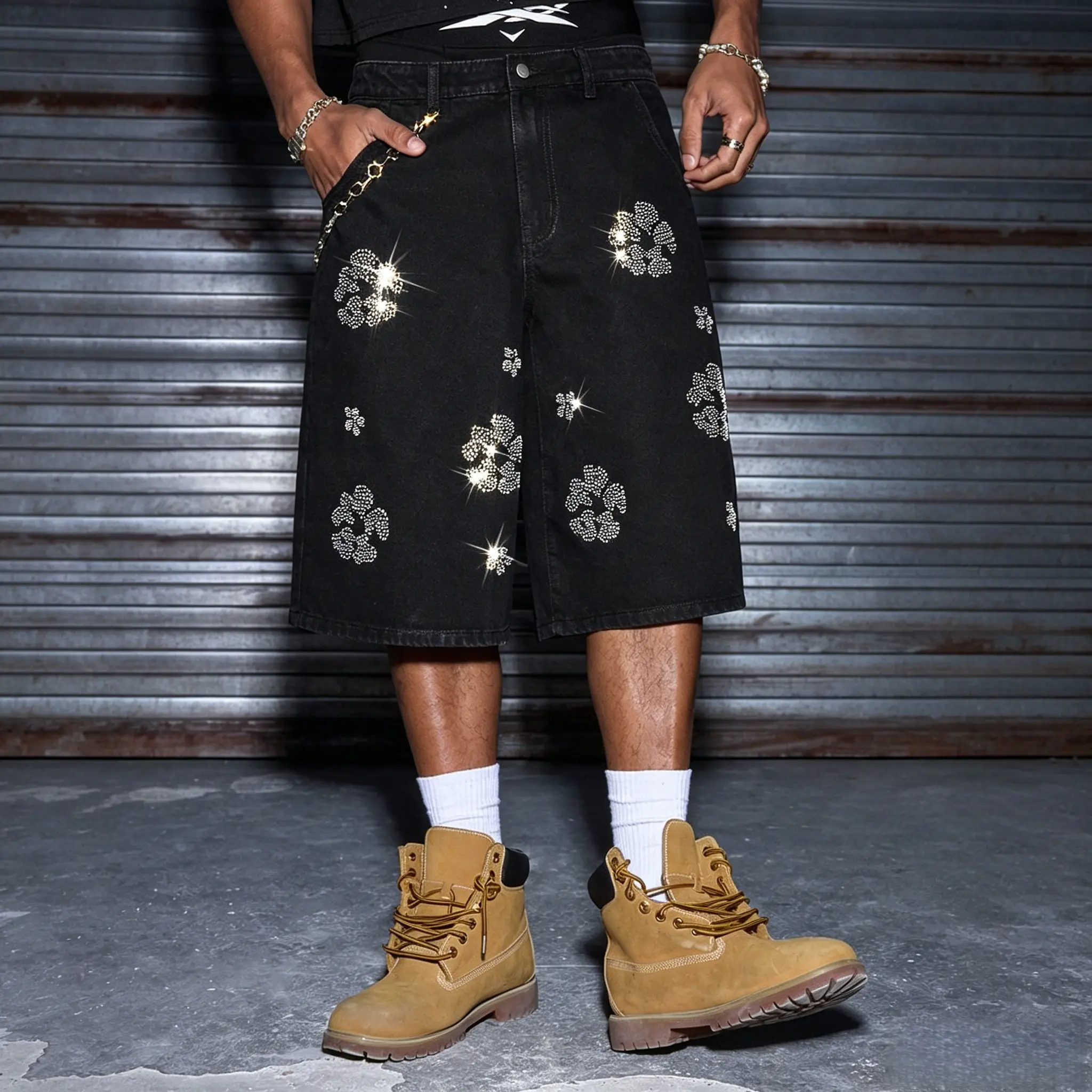 Men’s high-cotton denim shorts with rhinestone decoration, retro fashion jeans shorts, hip-hop street style shorts, suitable for outdoor street sports and casual activities.