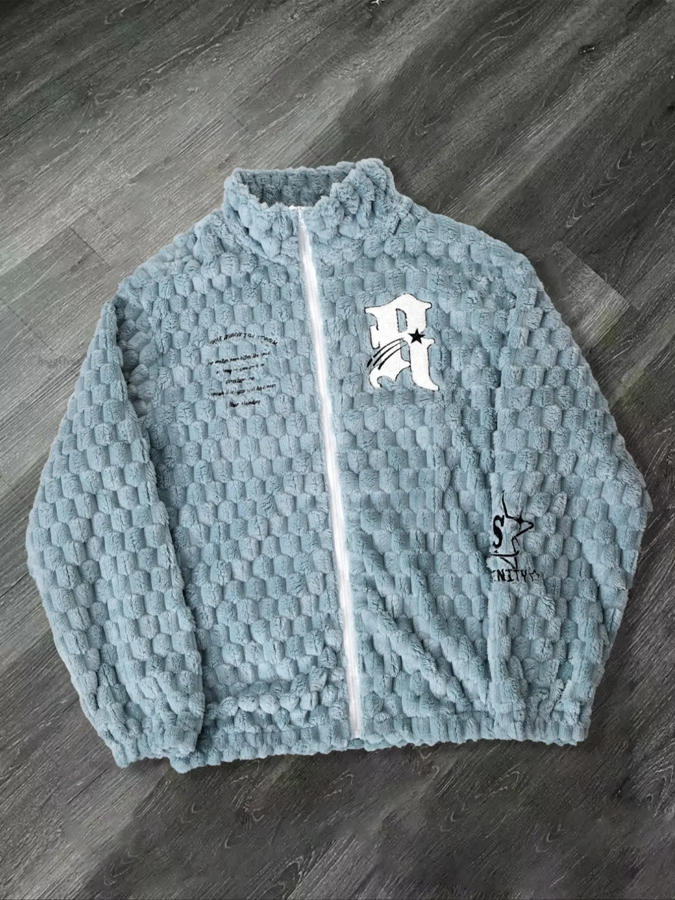 Men's Letter Embroidery Zip Up Funnel Neck Fleece Jacket, Regular Fit Casual Long Sleeve Outerwear for Fall & Winter, Men's Clothes for Daily Wear, Letter Patched Jacket