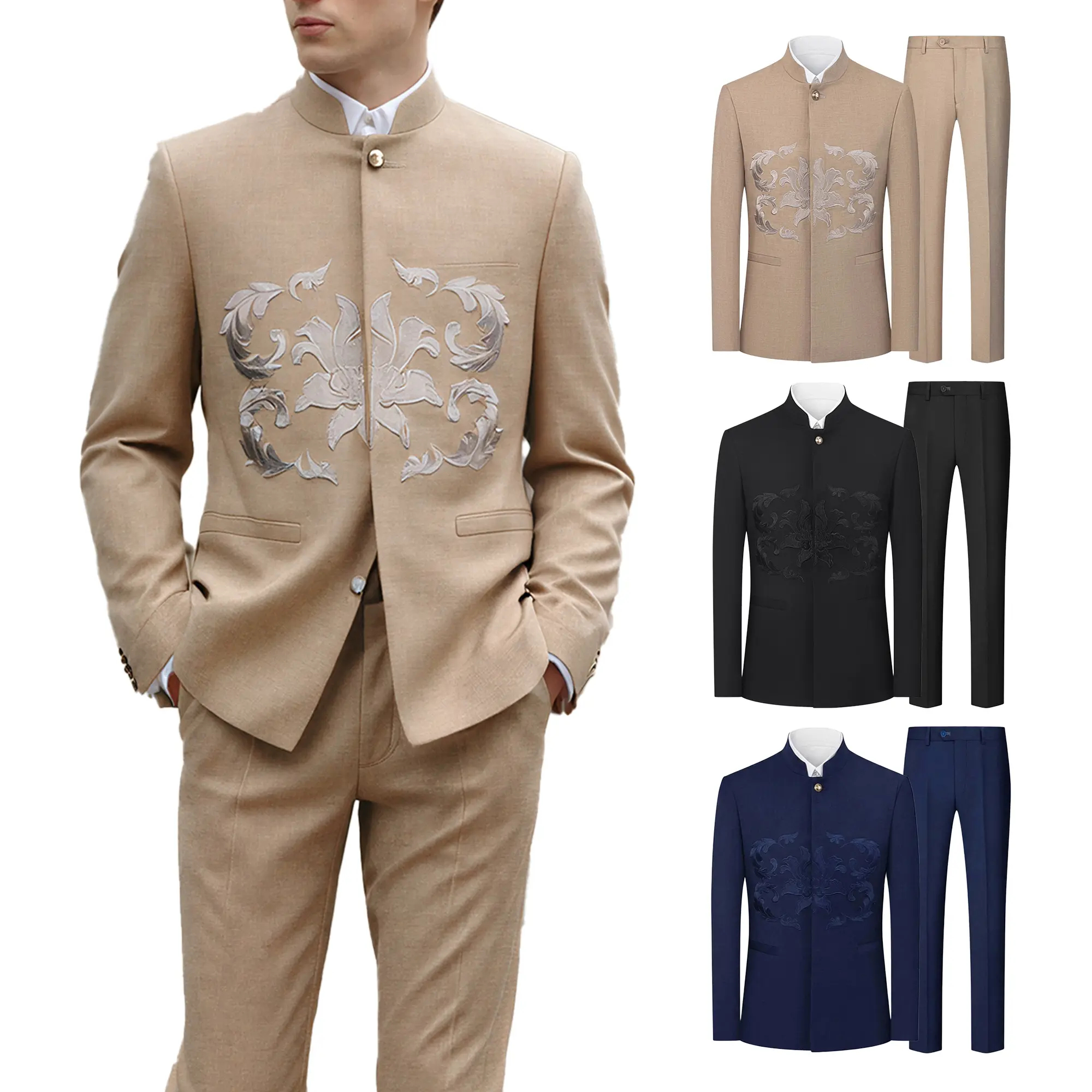 Men’s 2-Piece Aesthetic Formal Slim-Fitting Suit Set - Long Sleeve Mandarin Collar Embroidered Blazer, Medium Top, Matching Polyester Pants, Front Buttons, Modern Chinese Style Workwear for Wedding, Special Events