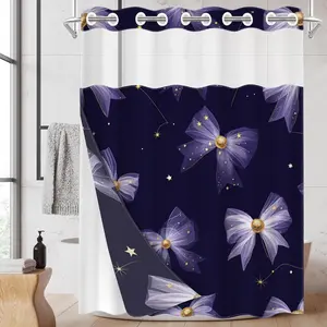 1pc hookless shower curtain with buckle lining, spring purple and white bow starry night design 2D flat print, fabric waterproof lining shower curtain with see-through window double layer shower curtain, 71 x 74 inches, modern home curtain decoration.