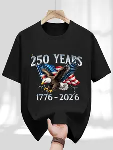 Men's T-Shirt American 250th Anniversary Design, Central Silver Color 3D Text '250 Years' '1776-2026', Bald Eagle, Usa Flag, Electric Blue Lightning