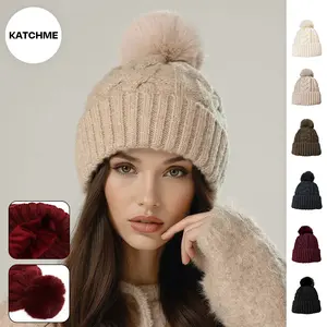 KatchMe Women's Versatile Fluffy Knit Thermal Crochet Hat, Slouchy Cable Beanie for Fall & Winter, Stretchy Warm Pom Pom Knitted Hat