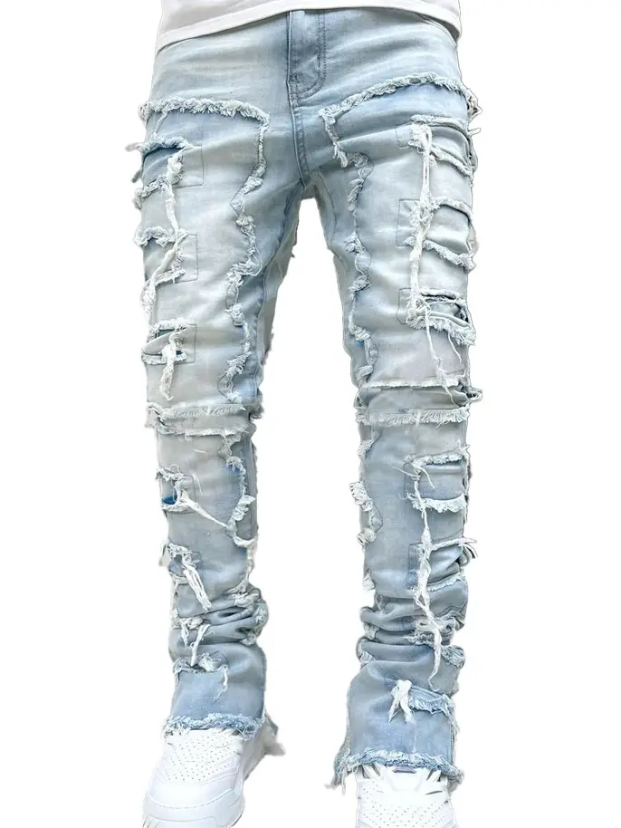 Men’s Streetwear Stacked Flare Jeans, Washed Stretch Patchwork Denim Pants, Slim Straight Distressed Jeans for Daily Wear, Photoshoots and Casual