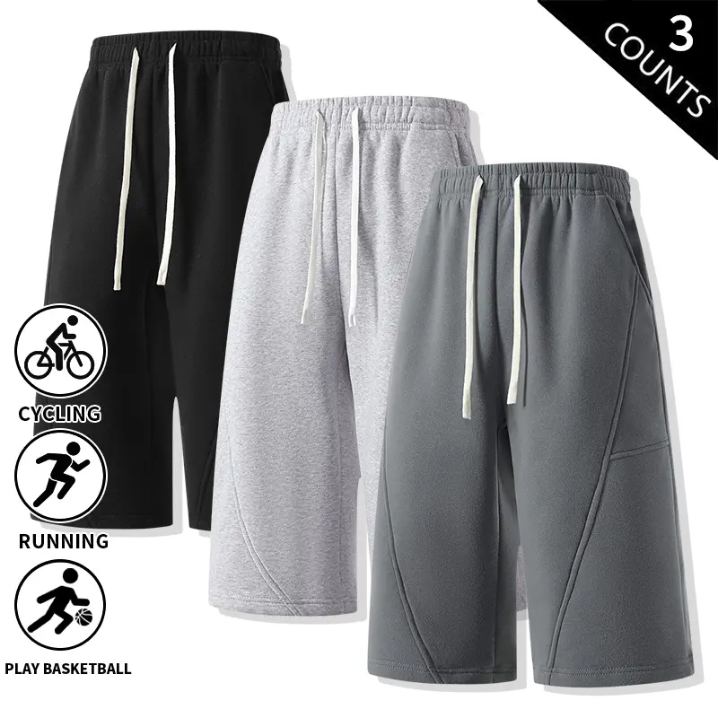 Men’s 3-Pack Knee-Length Capri Shorts — Loose Fit Athletic 7/8 Cropped Sweat Shorts with Drawstring and Elastic Waist for Workouts, Running, Basketball, Casual Lounge Wear for Summer