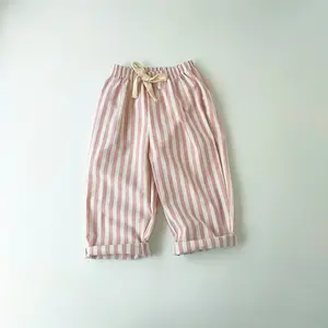 Spring Summer Boys Striped Loose Pants Baby Girl Vintage Casual Linen Cotton Harlan Pants Kids Lace-up Pant Children Clothing