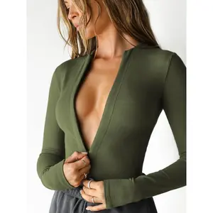 Zip-up V-neck bodysuit, sexy long-sleeve versatile sportswear bodysuit, women’s clothing