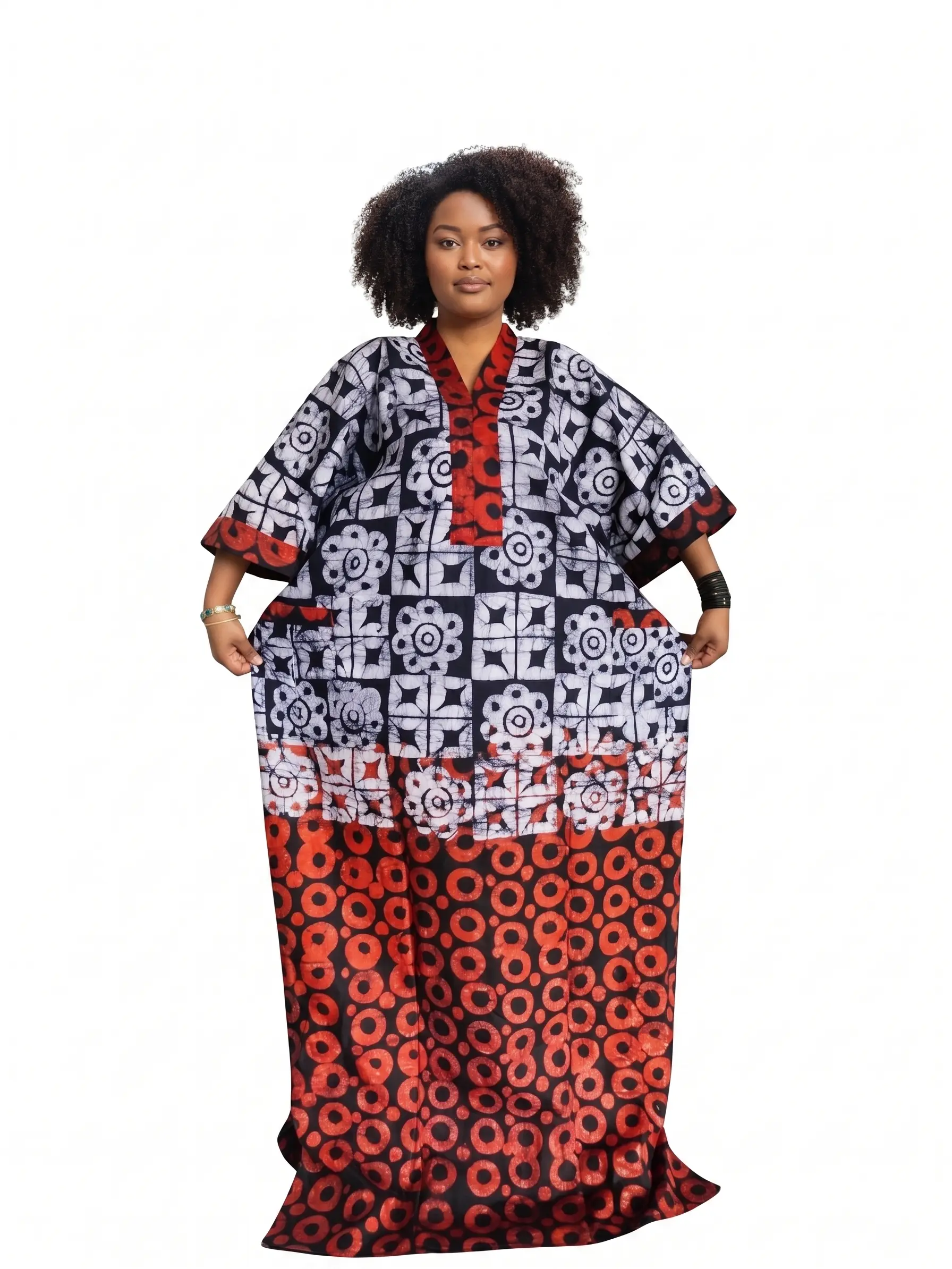 Women's Traditional Oversized Heritage Batik Kaftan Maxi Dress - Lightweight Breathable Fabric, Half Sleeve, All Over Geometric Print, Pockets, Bohemian Style, Basic Casual Fashionable Dress for Ladies, Culturally-Inspired Elegant, Lady