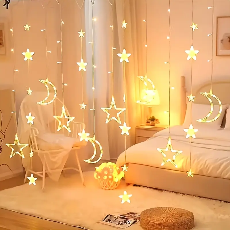 Stars Moons Fairy Lights - 138in, 108 LEDs, 8 Modes, Remote-Control USB String Lights for Indoor Holiday Decor, Terrace Tree