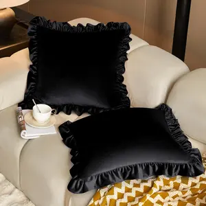 Black Velvet Throw Pillow Covers 18 x 18 Inch Set of 2, Ruffle Euro Pillow Shams Velvet Square Pillow Case for Sofa Bedroom Couch Decorative
