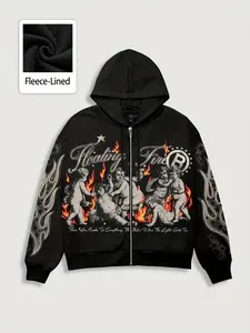 Best seller in the US market! American street-style fleece hoodie with Flame Angel print, zip-up open jacket, loose fit