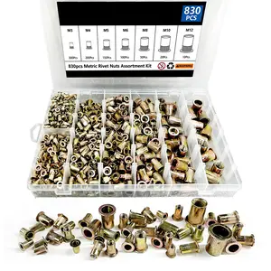 Rivet Nut Tool Kit, 830pcs SAE/Metric Rivet Nut Assortment Kit,Galvanized Carbon Steel Flat Head Threaded Insert Nuts tools mechanic tools, Metal Riveting, Metal Riveting tools
