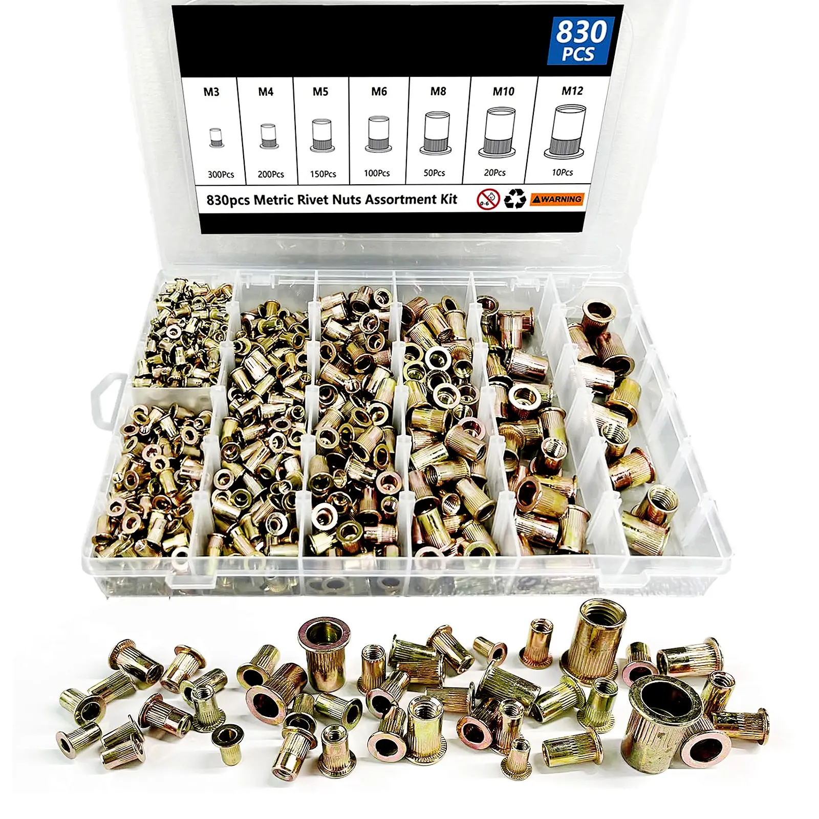 Rivet Nut Tool Kit 830pcs SAEMetric Rivet Nut Assortment Kit M3 M4 M5 M6 M8 M10 M12 Metric  830pcs 6328321024142051618381