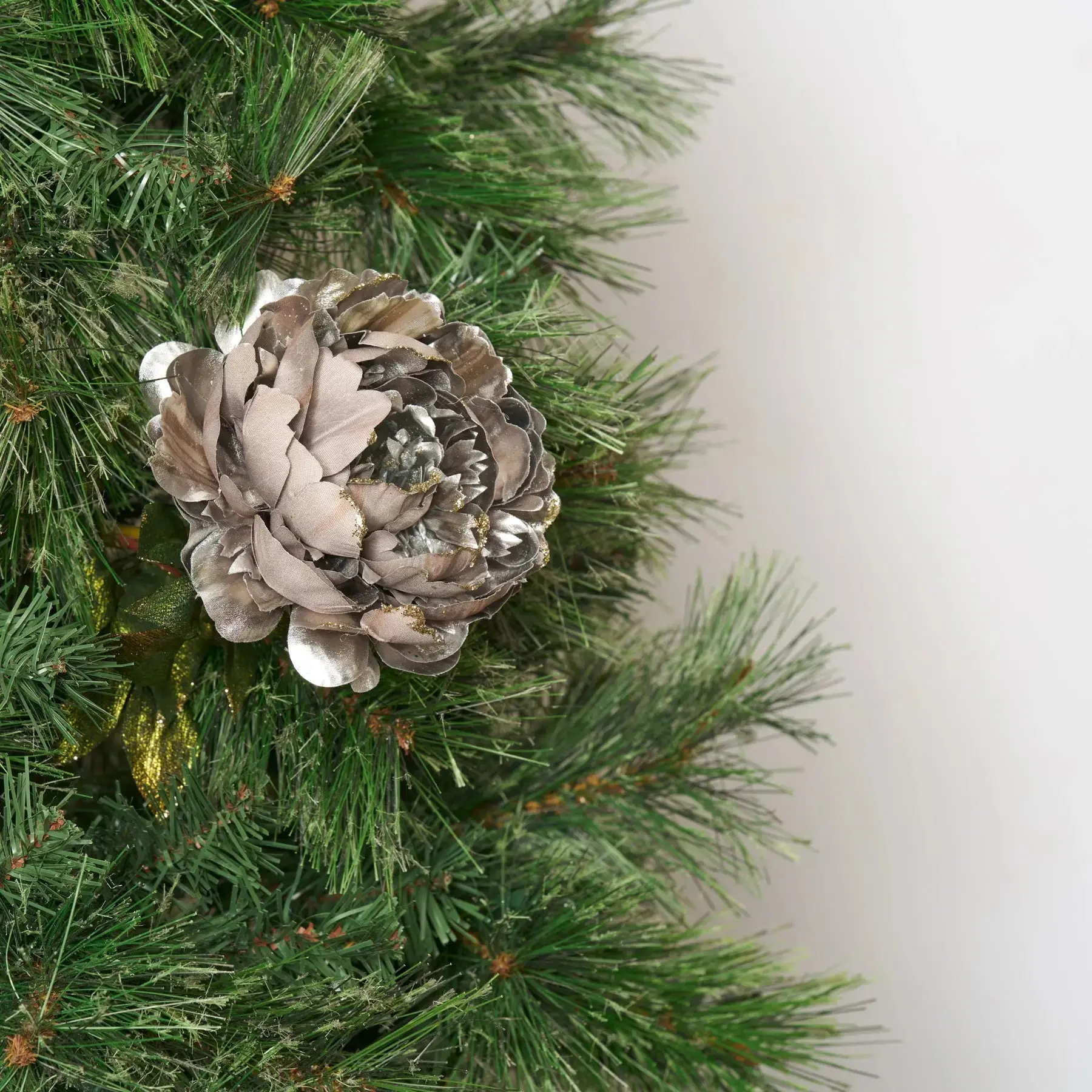 24" Silver Glittered-Edge Holiday Peony Decor - Decorative Ornament with Green Metallic Leaves for Festive Home Decor