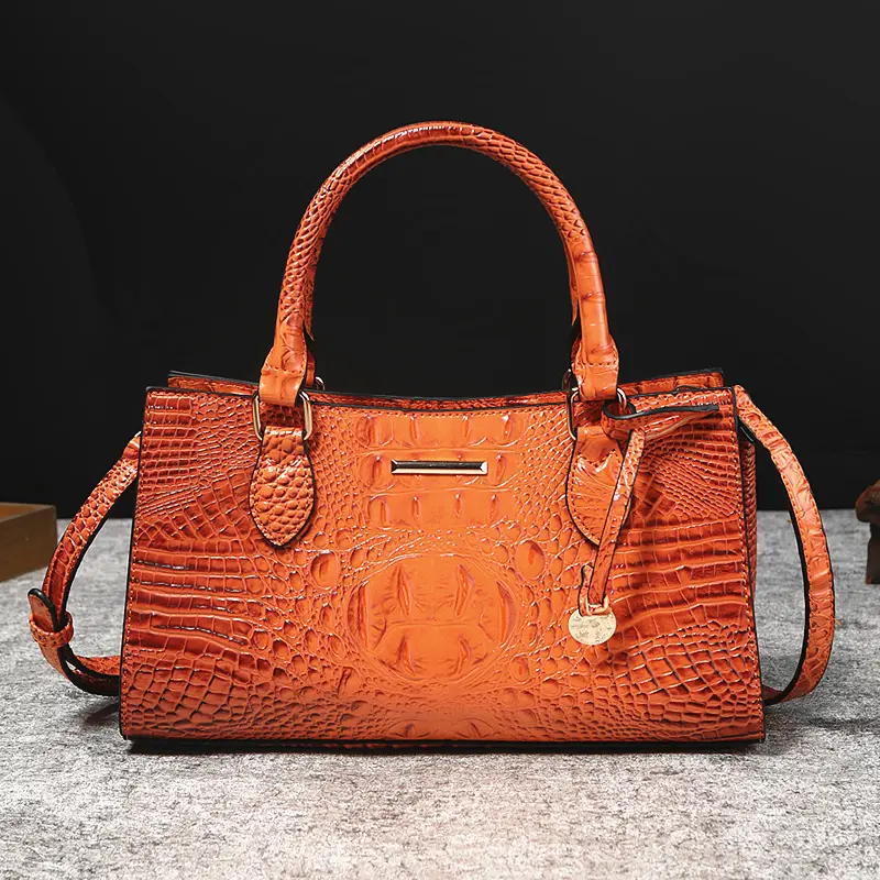 Vintage Faux Crocodile Satchel Bag, Top Handle Work Handbag With Detachable Crossbody Strap Large Capacity Daily Shoulder Bag