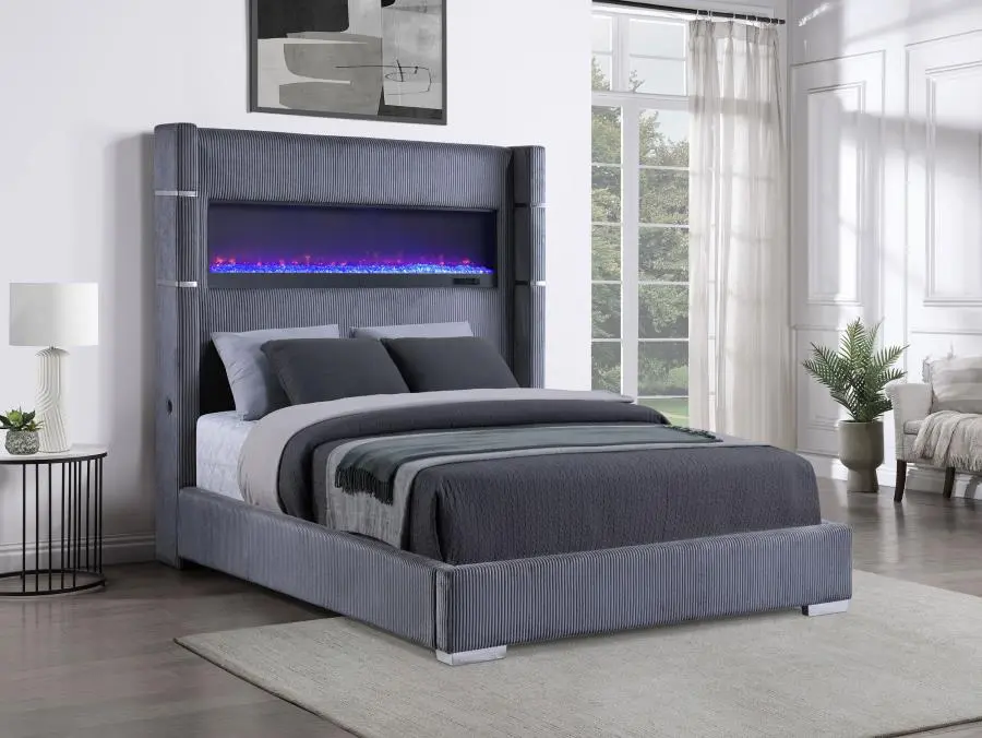 Coaster Tisdal Grey Corduroy Plush Queen Bedroom Set - Bed Frame with Built-in LED Fireplace Box and USB Plugs for Easy Device Charging, Included Nightstand