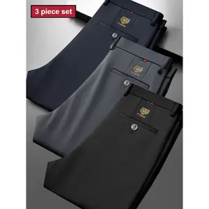 3-pieces Men's New Loose Straight Leg Elastic Formal Pants, Anti-Wrinkle Iron-Free Comfortable Tiger Head Western Trousers, All Seasons Wear, Formal Attire