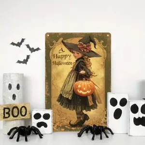 Vintage Halloween Aluminum Sign with Witch and Pumpkin Design Pre-Drilled Holes Durable Rustic Wall Art Decor for Home Farmhouse Indoor Outdoor