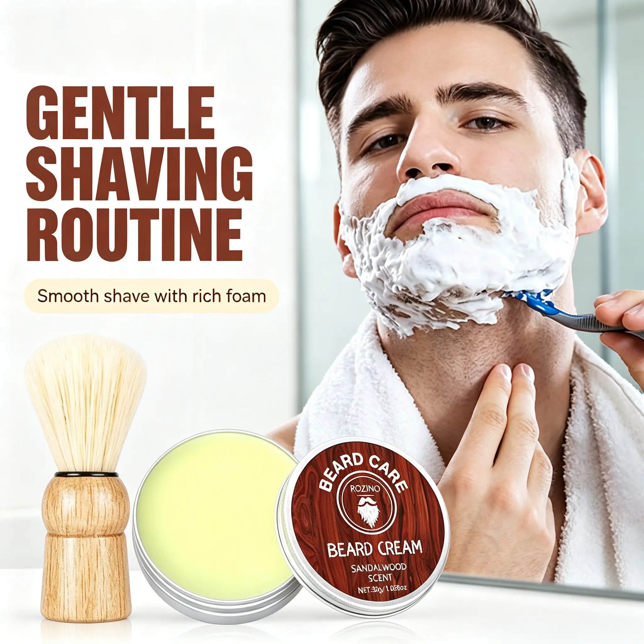 ROZINO Men's Sandalwood Scent Beard Shaving Cream, Gentle Foaming Daily Facial Cleansing Moisturizer, Essential Men’s Grooming Care for Smooth Beard Shaving, Mini Portable 30g Full Size