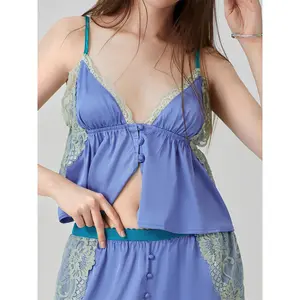 Women's Pajama Sets Lace Patchwork Spaghetti Strap Ruffled Cami Tops with Loose Pants 2Pcs Soft Sleepwear