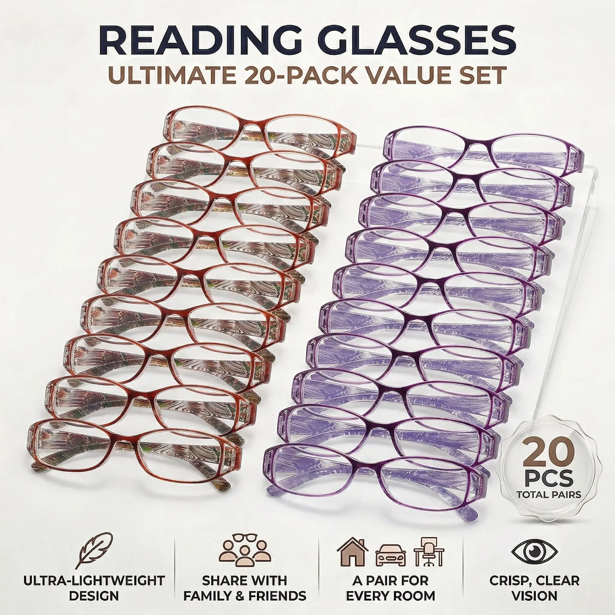 Unisex 20-Pair Reading Glasses Set, Ultra-Light Fashion Eyeglasses, Clear Vision Durable PC Frame, Home Office Car Affordable Kit, +1.0 to +4.0 Degrees
